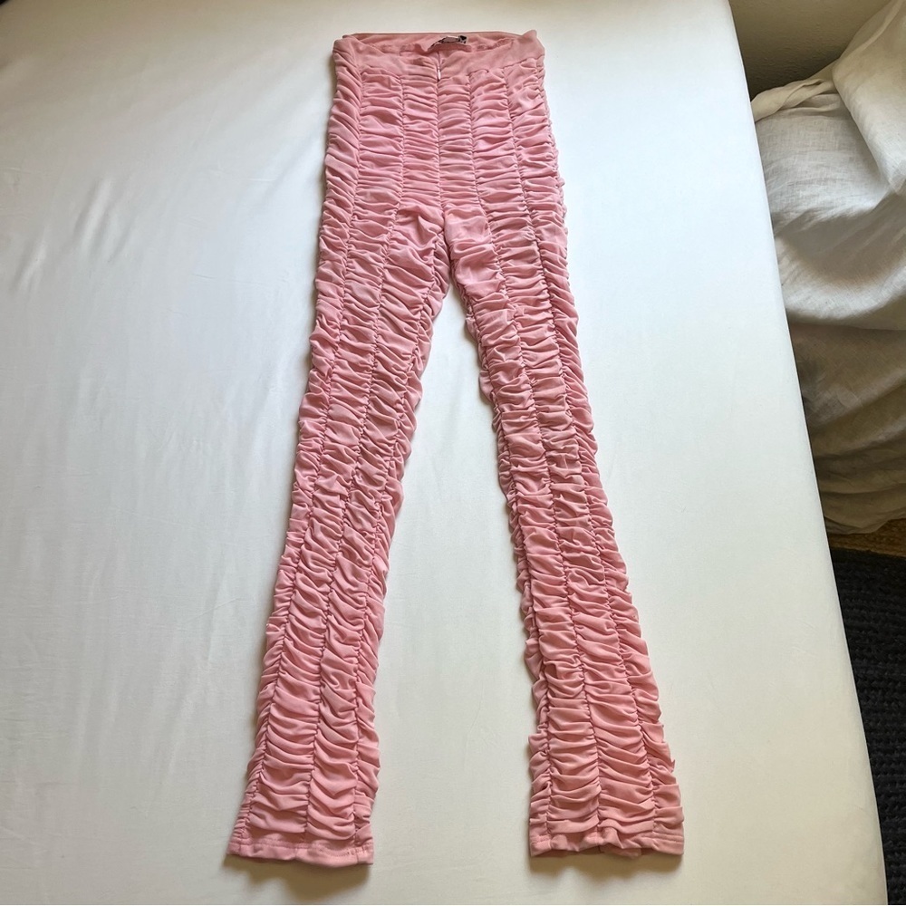 I AM GIA pink mesh knit ruched slim boot cut pants